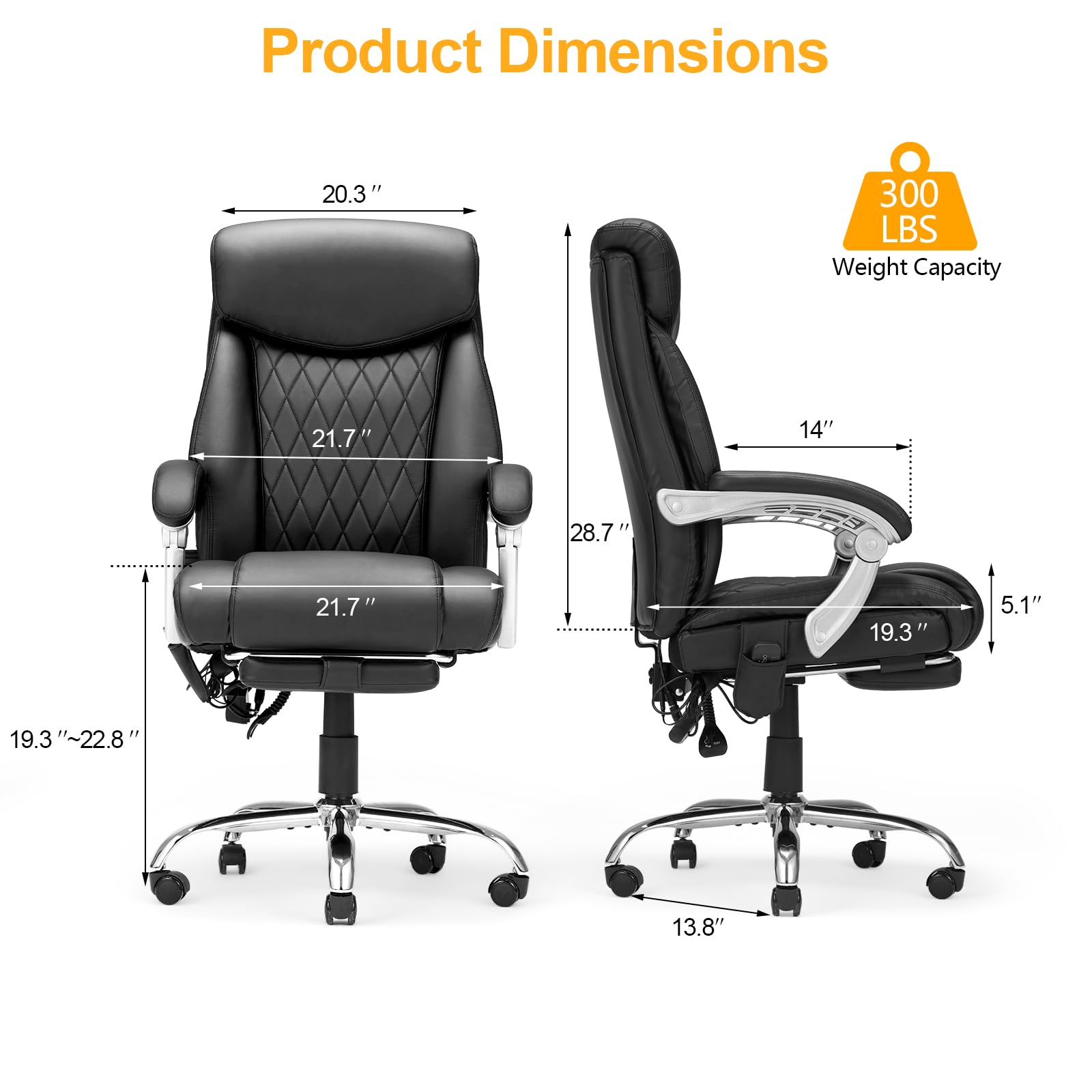 Massage Office Chair With Heat - Reclining Executive Chair With Footrest, Adjustable Headrest, 400 Lb Capacity