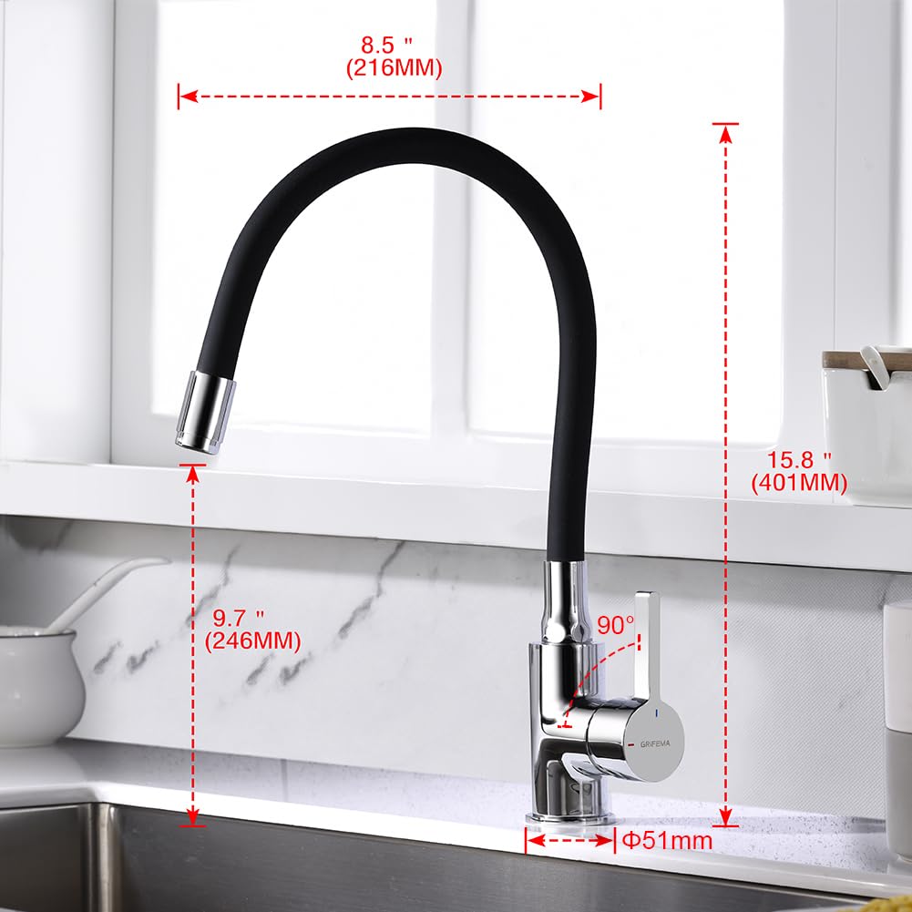 Wasserhahn Küche, Flexible Küchenarmatur, GRIFEMA Soft-Touch Silikonschlauch, 360° Drehbar Spültischarmatur Hochdruck Mischbatterie, Wasserspar- & Energiesparfunktion, Edelstahl, Schwarz-G4002-2