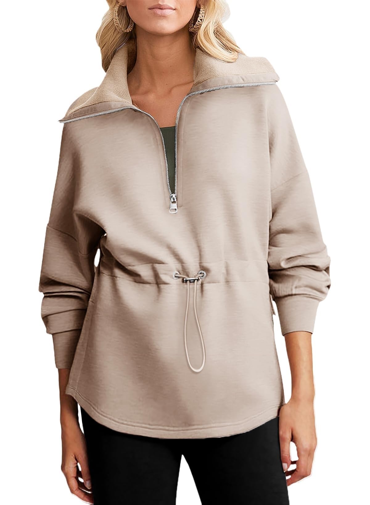 BTFONIA Womens Oversized Sweatshirts Half Zip Drawstring Waist Long Sleeve Side Slits Casual Pullover Sweatshirt Tops(Khaki,S)