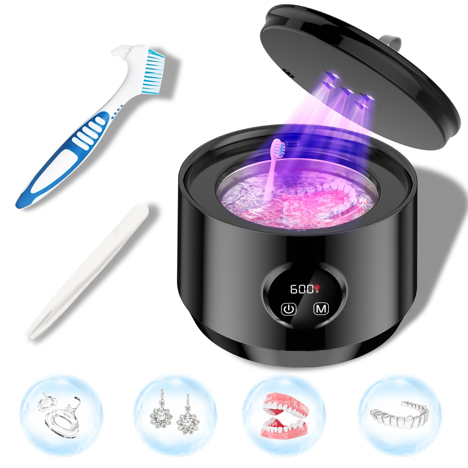 48kHz Ultrasonic Retainer Cleaner,Professional Portable Denture Cleaner with 5UV-Light and LED Digital Timer for Retainer, Mouth Guard, Watch, Jewelry-Home and Travel Use-Black