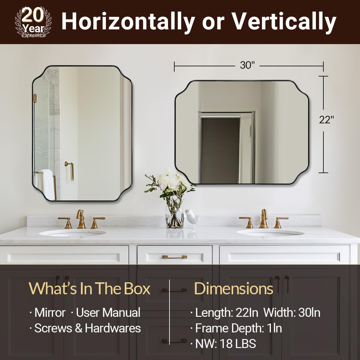 ANDY STAR Black Bathroom Mirror, 22x30 Inch Asymmetrical Mirror, Irregular Wall Mirror in Stainless Steel Metal Frame, Modern Scalloped Mirrors Ideal for Bathroom, Bedroom (Horizontal/Vertical)