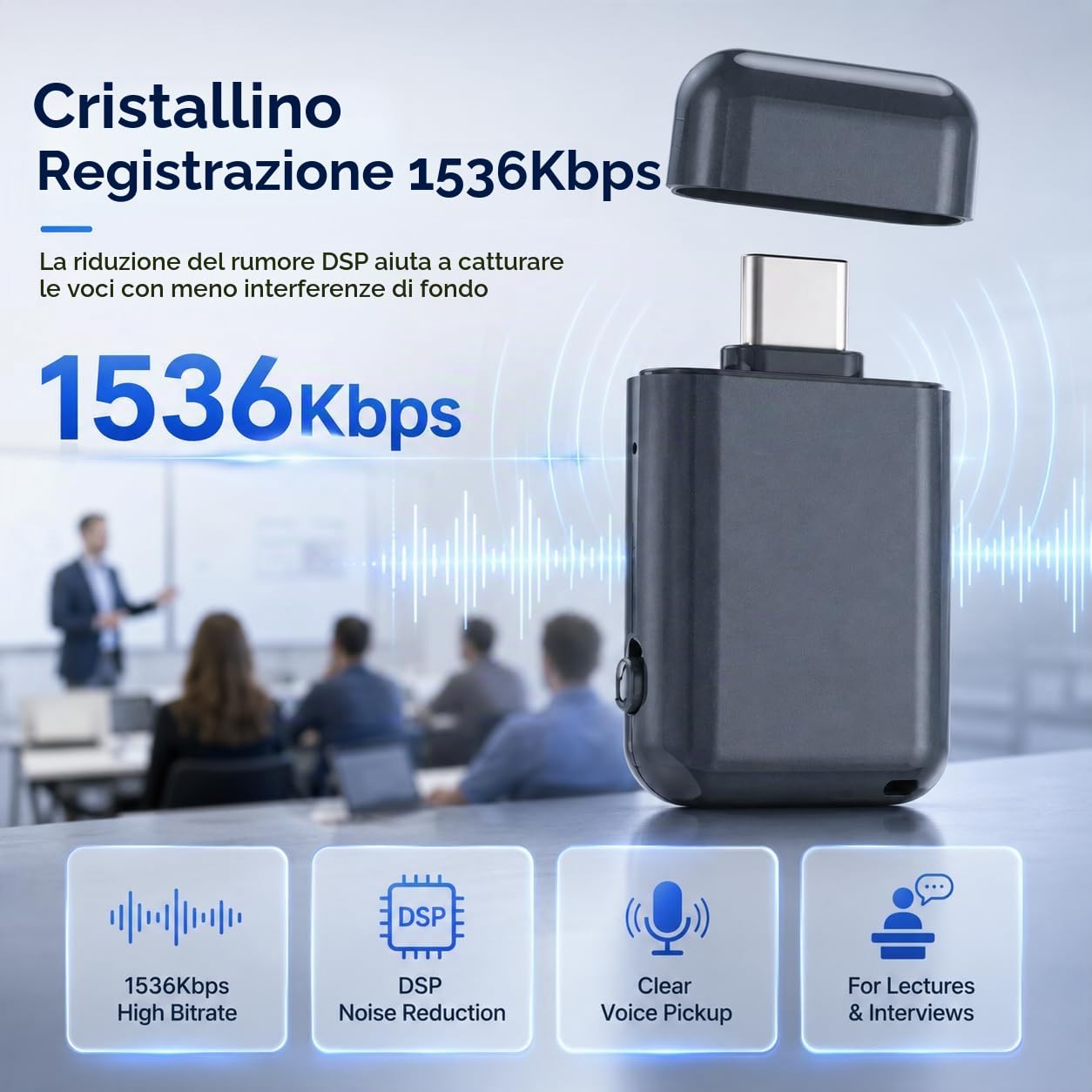 Mini Registratore Vocale - 64 GB Dittafono Registratore Vocale 1536 Kbps con Registrazione One-Touch, Registratore Vocale Spia Discreta per Riunioni, Corsi
