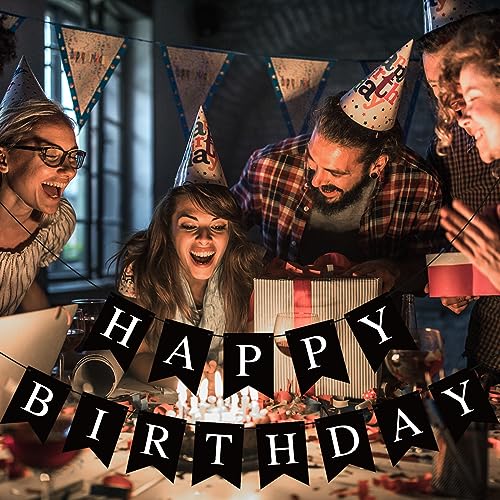 Hooqict Black Happy Birthday Banner Sign for Backdrop Black Birthday Decorations for Men Women Party Supplies Wall Door Banner Garland Bunting Flag
