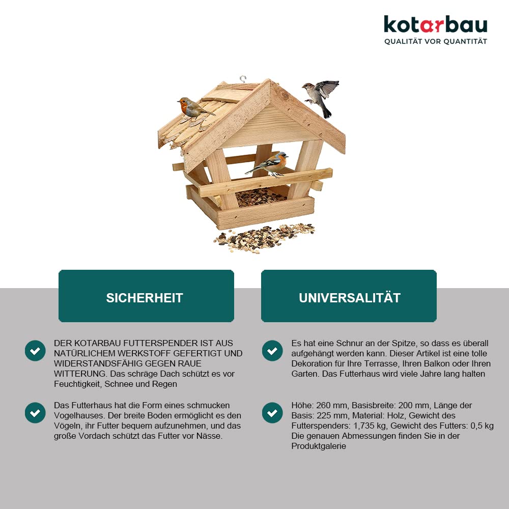 KOTARBAU® Mangiatoia per uccelli in legno con assicella coperta da appendere + fodera da 0,5 kg