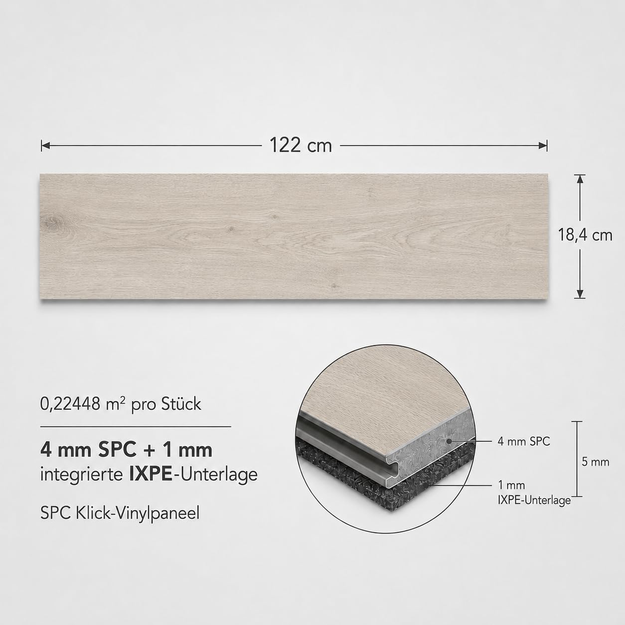 SPC - Pavimento in vinile Klick, 5 mm, 10 assi da 2,25 m², 122 x 18,4 cm, impermeabile, con base IxPE da 1 mm integrato (Izmir, Box 2,25 m²)
