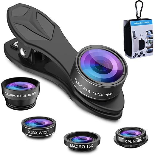 MIAO LAB 5 in 1 Phone Camera Lens Kit -0.63X Wide Angle Lens & 15X Macro Lens+190°Fisheye Lens/CPL + 2X Telephoto Lens Compatible with iPhone Samsung Sony and Most of Smartphone