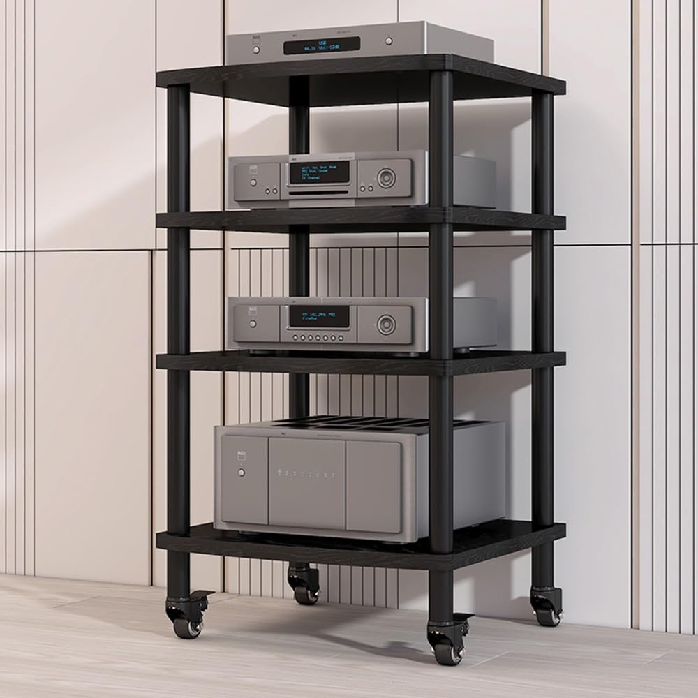 CWCQGH 4 Tier Media Stand Amplifier Rack & CD Player Shelf Movable Audio Tower with Wheels Stereo Component Cabinet for Home Theater,Black-4 Tier