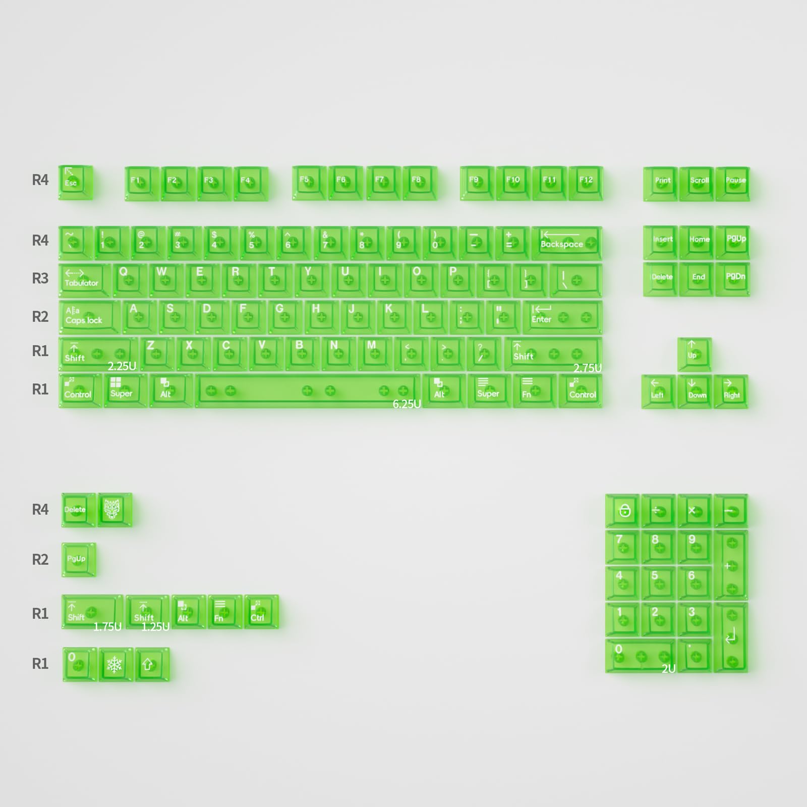 Lot de 114 Touches Transparentes pour Clavier mécanique Cherry MX, Profil Cherry, Vert Vif et Transparent