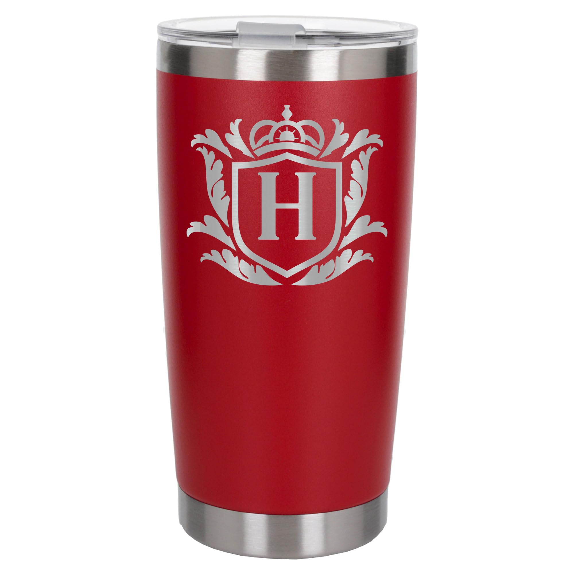 Customised Gifts 500ml Engraved Shield Initial Monogram Insulated Personalised Red Travel Mug for Men and Women - Personalised Initial Coffee Travel Mug for Hot and Cold Beverages, Letter H
