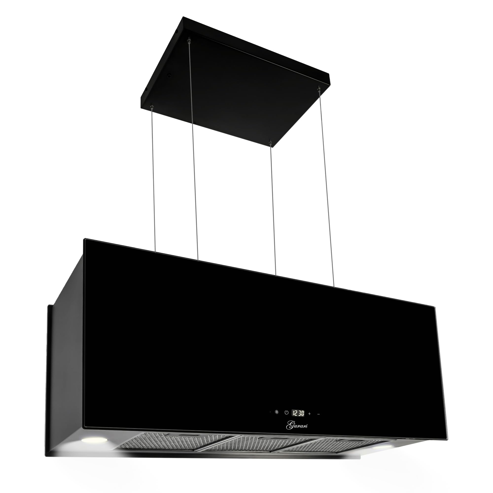 GURARI Okap wyspowy GCH I 333 90 BL Prime, wyspa z termoobiegiem 90 cm, okap sufitowy, 1000 m³/h, czarne szkło, 4 stopnie, wyświetlacz, oświetlenie LED