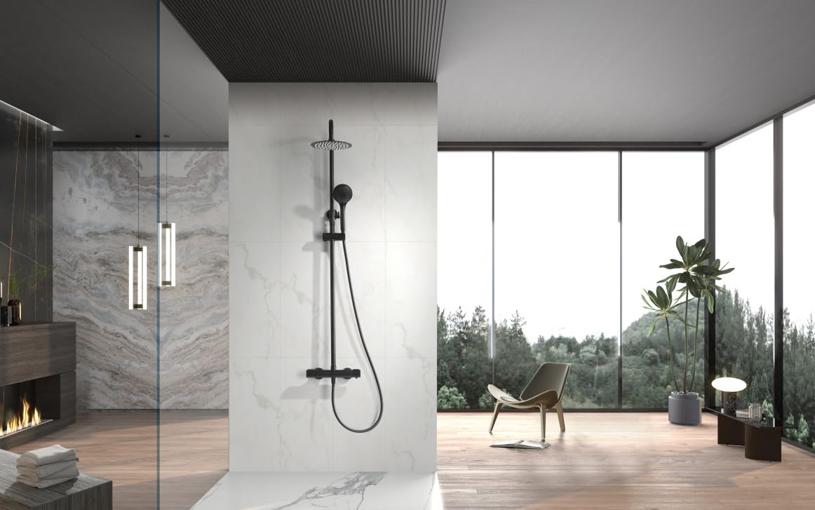 MICE - Columna de ducha termostática hecha de acero inoxidable con Barra extensible - Griferia de baño con control de temperatura - Rociador y mango de ducha Serie Eco-Kent Negro Mate BTK017-ECO/NG