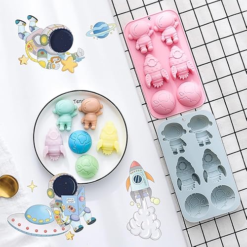 Miniatura 8 de Paquete de 2 moldes de silicona de astronauta Rocket Planet, molde de silicona con 6 cavidades con temática espacial, herramienta de bricolaje para