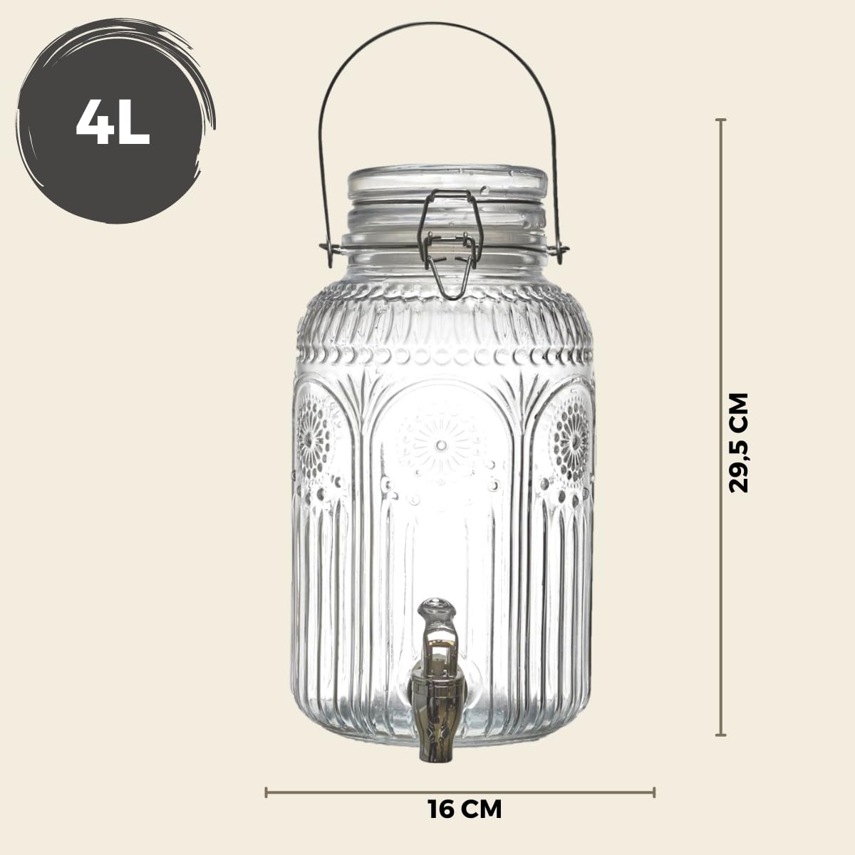 Distributeur Boisson avec Robinet 4 L - Fontaine à Eau et Cocktail en Verre - Jarre pour Fêtes et Anniversaires