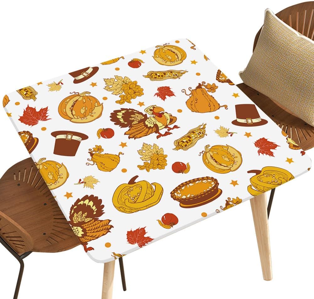 Elastic Edged Square Table Cloths Thanksgiving Pumpkin Turkey Corn Seamless Background Fitted Table Covers for Party Picnic Garden Decor, Fitted for 60"x60" Square Table, Style 543