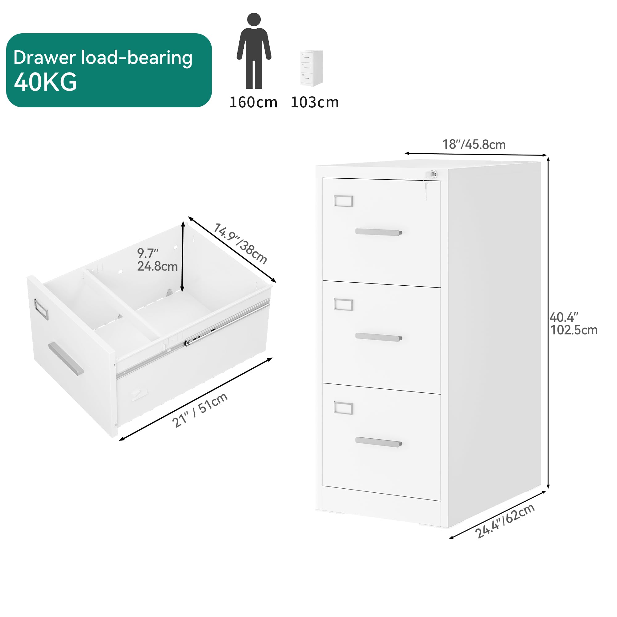 YITAHOME Aktenschrank Abschließbar mit 3 Schubladen, Metall Aktenschränke mit Cue-Karte für A4, Legal, Letter, Büroschrank Metallschrank für Home-Office, Hängeregistratur, Weiß, 62 x 45 x 102cm