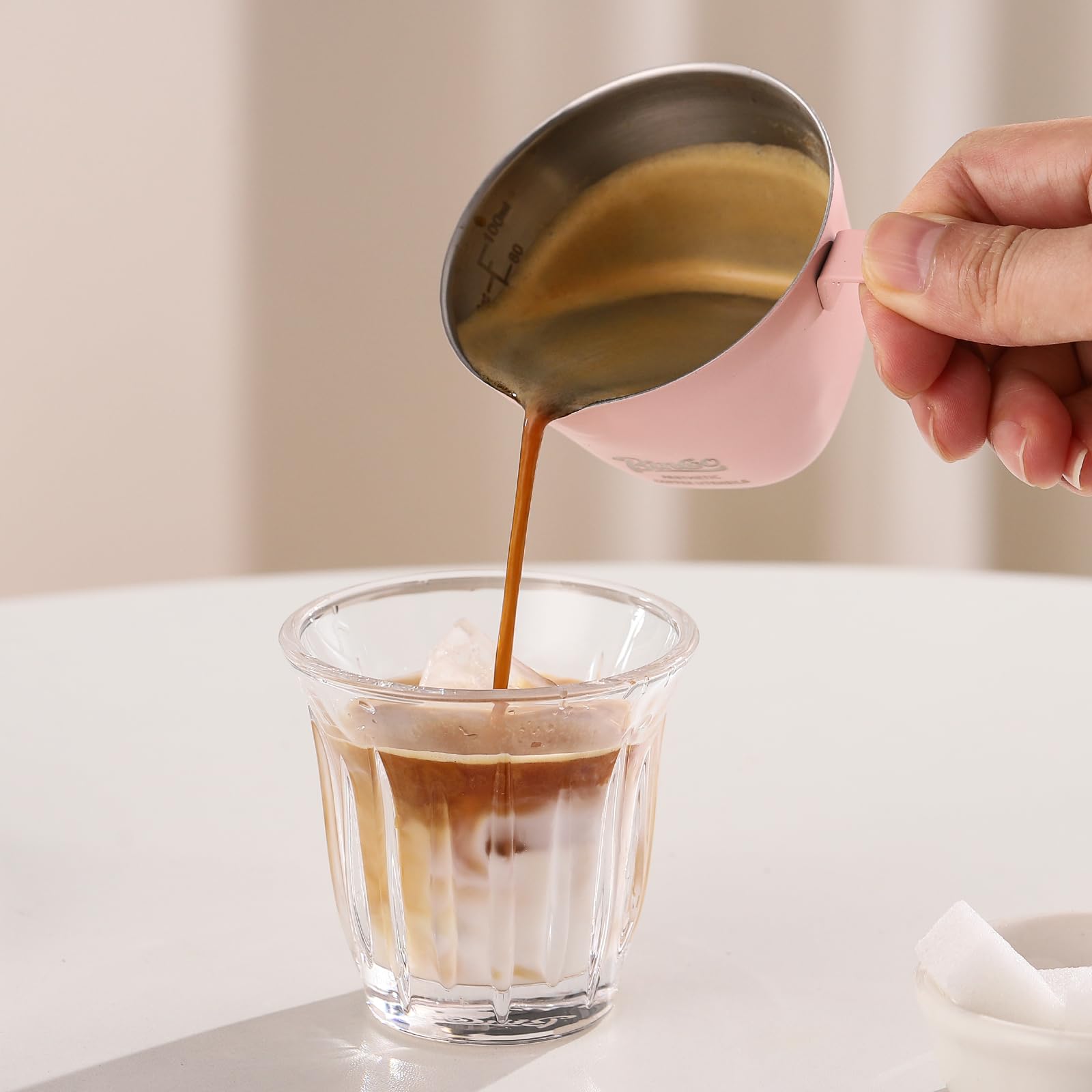 Pink Espresso Shot Cup Set of 2, Espresso Measuring Cup with Single Spout and Handle, Stainless Steel Pouring Shot Cup for Tomato Sauce,Milk,Coffee Bean Weighing, 3oz/100ml