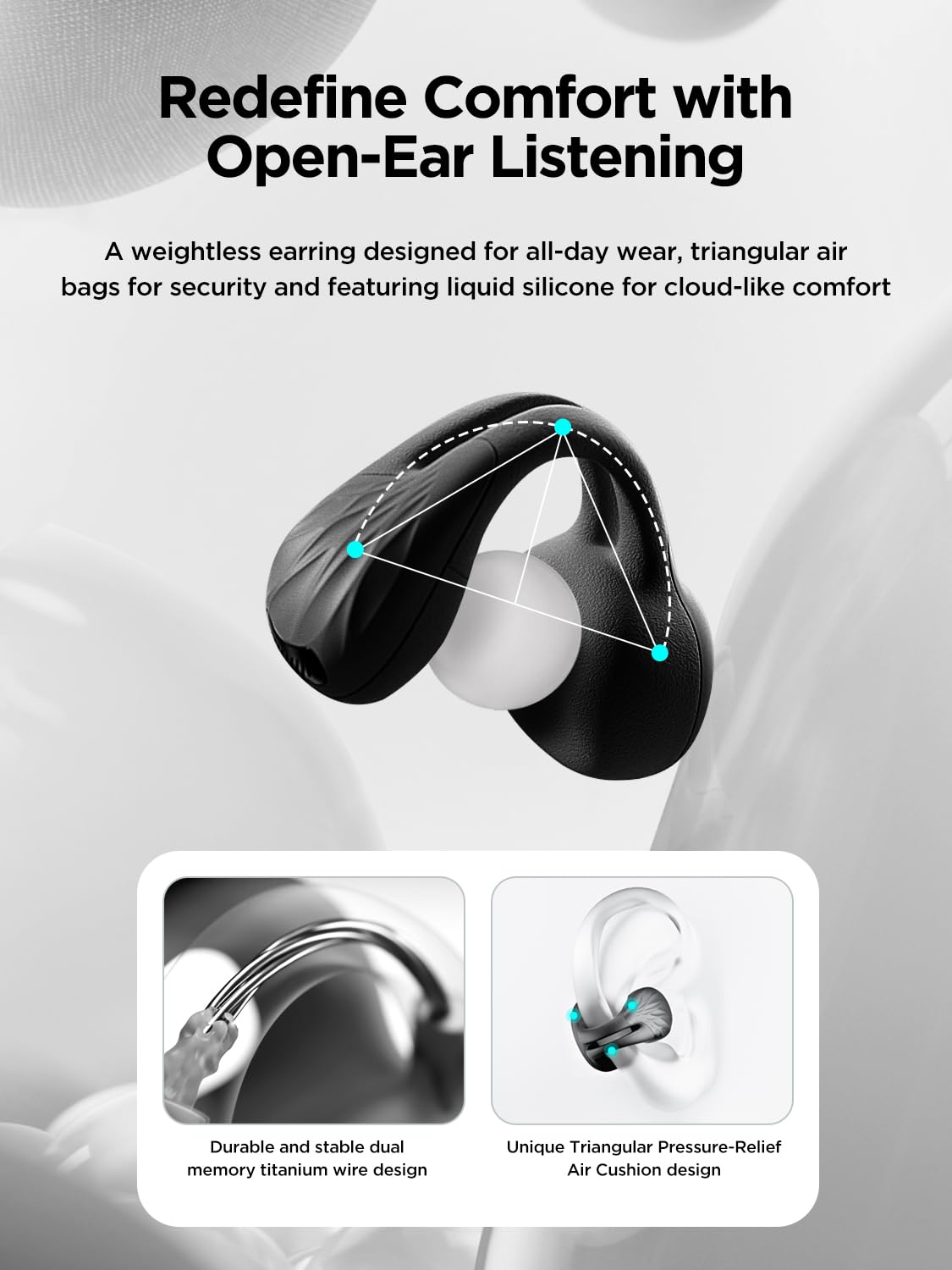 HAKII Auricolari senza fili, auricolari senza fili, Bluetooth 5.4, ergonomici, con clip, con suono stereo/ENC, cuffie aperte con controllo touch, cuffie impermeabili IPX5, per sport, fitness