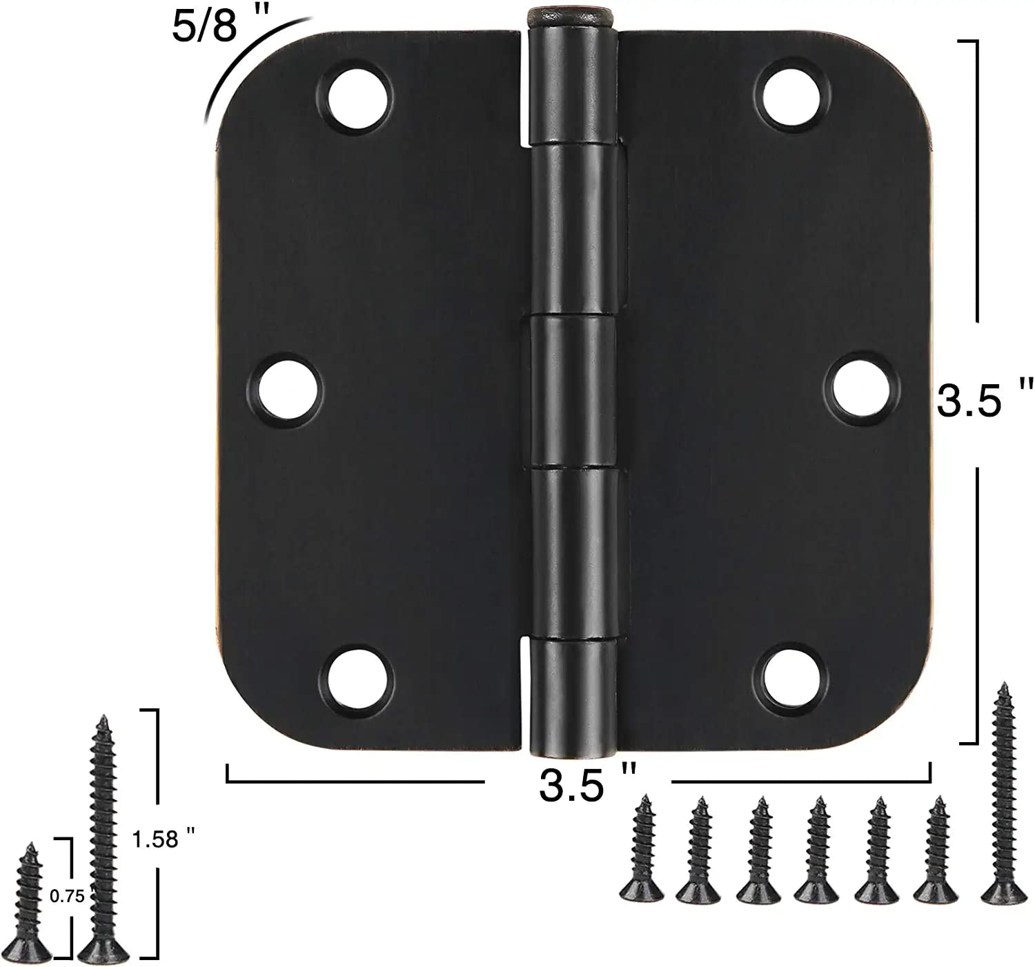6 Pack Matte Black Interior Door Hinges Round 3 5 x 3 5 Inch 5 8 Radius Heavy-Duty — view 2
