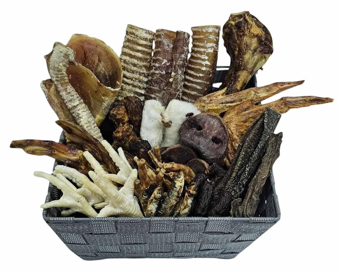 New Deluxe 50 Item Box Healthy Natural Variety Dog Treats for Dogs Gift with Femur Bone, Trachea, Duck Wings and More