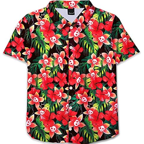 Remimi Unisex Kid Hawaiian Shirt Christmas Button Short Sleeve Shirts 5-14 Years, Floral Orange, 11-12 Years Cover