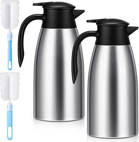 2 jarras térmicas de 68 onzas de acero inoxidable con aislamiento al vacío de doble pared de acero inoxidable con cepillos para mantener el café