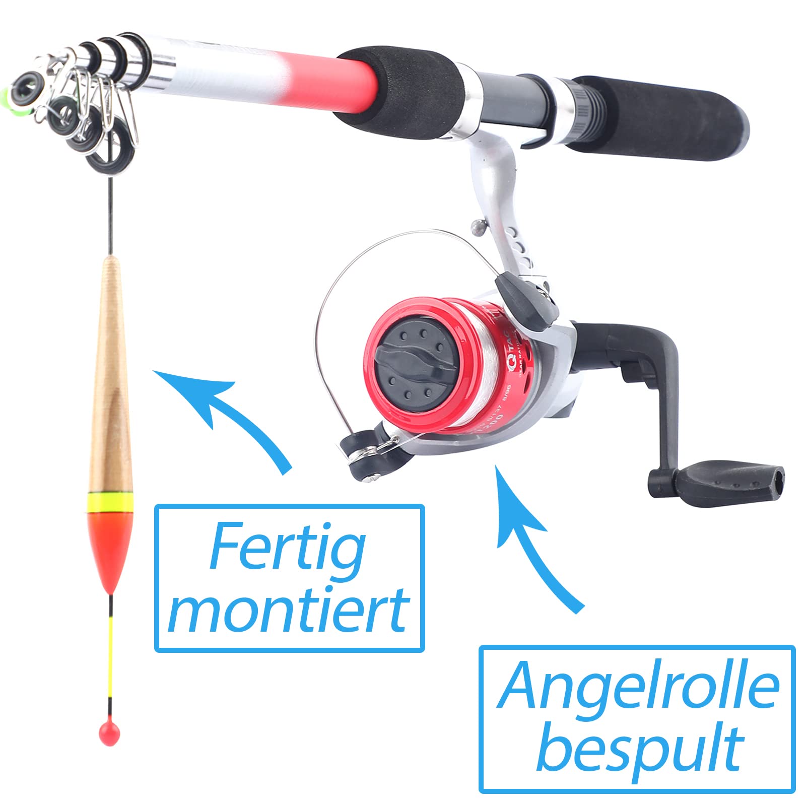 Angelset für Kinder [Fertig montiert & Angelrolle bespult] Teleskop-Angelrute 165 cm, Kinderangel sofort einsatzbereit, Angel Set komplett