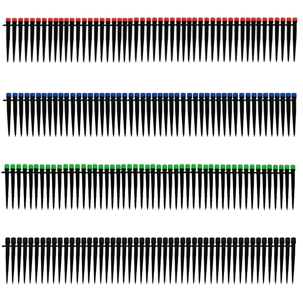 200 gocciolatori per irrigazione, emettitori a goccia a 4 colori per tubi di irrigazione a goccia da 1/4", gocciolatori regolabili a 360 gradi con picchetto a freccia da 12,7 cm, gocciolatori per