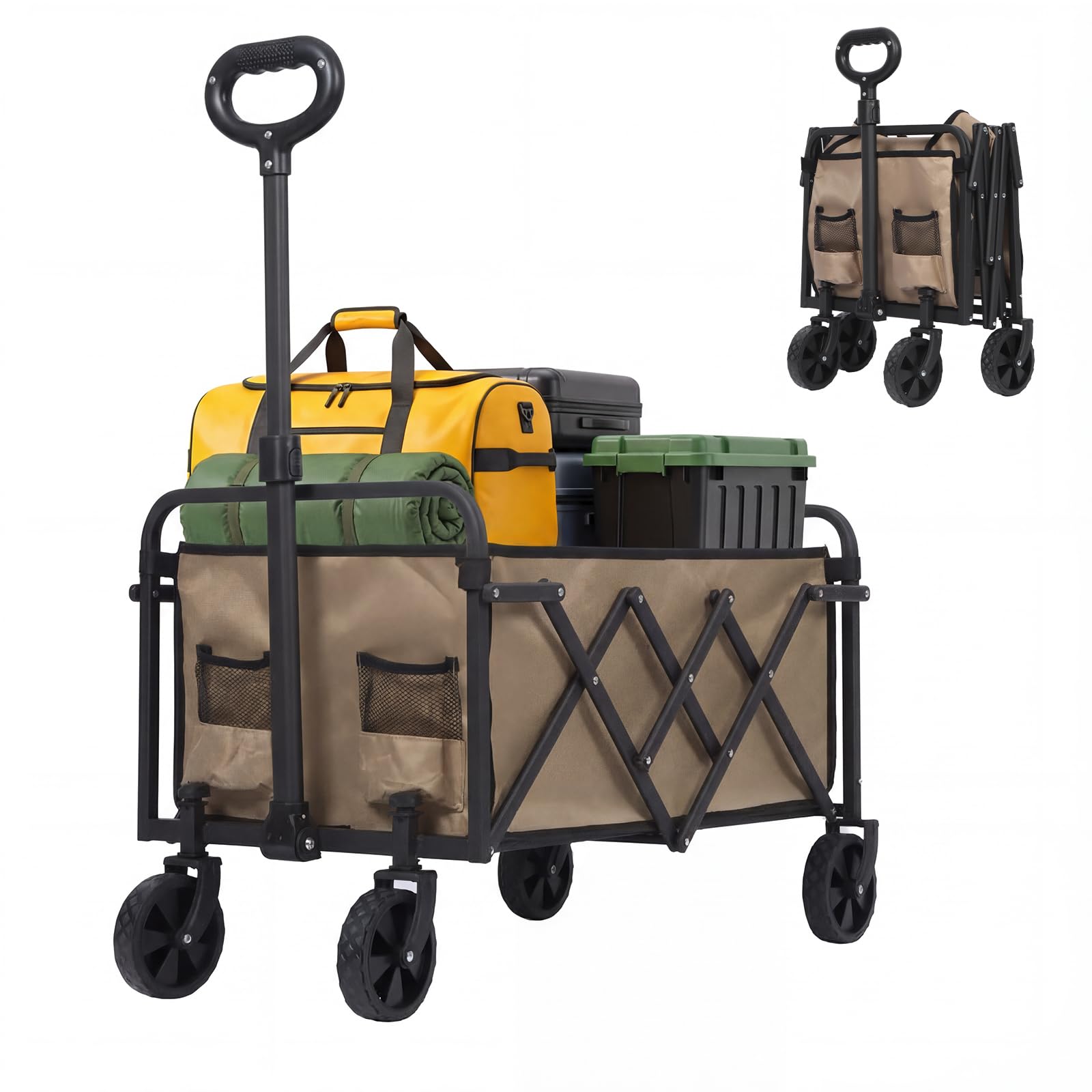 Panana Beige Folding Trolley With Wide Wheels, Foldable Wagon, Portable Camping Cart, Collapsible Trolly With Adjustable Handle, Shopping Trolley Foldaway For Easy Storage (, 80L)