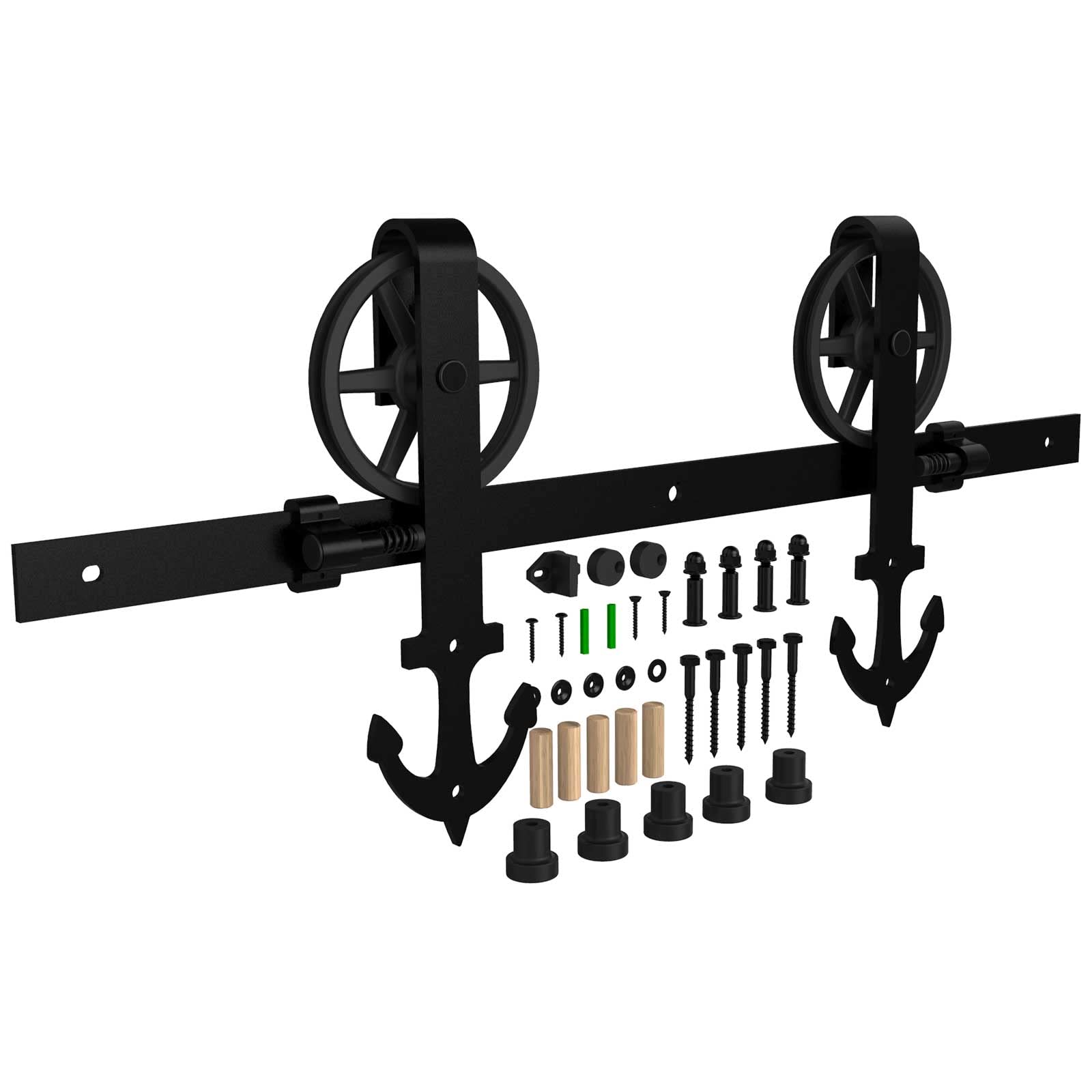 6FT/182cm Acciaio Binario Rulli per Porta Scorrevole Ruota grande raggio Kit Accessori per Una Porta Scorrevoli di Legno, Nero