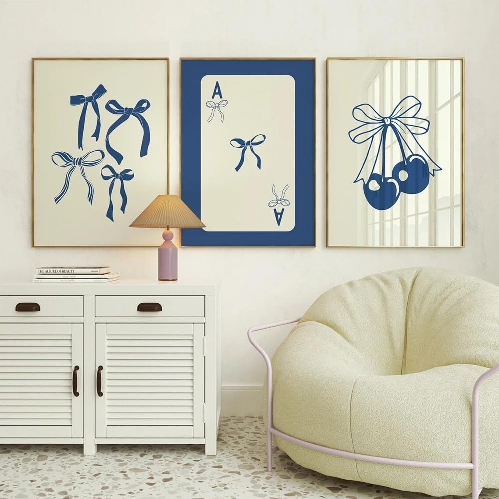 Fawqcrri Girls Blue Set Of 3 Trendy Bow Canvas Wall Art Watercolor Light Bow Cherry Prints Painting Posters Funky Coquette Preppy Aesthetic Wall Decor For Bedroom Living Room16x24in Unframed