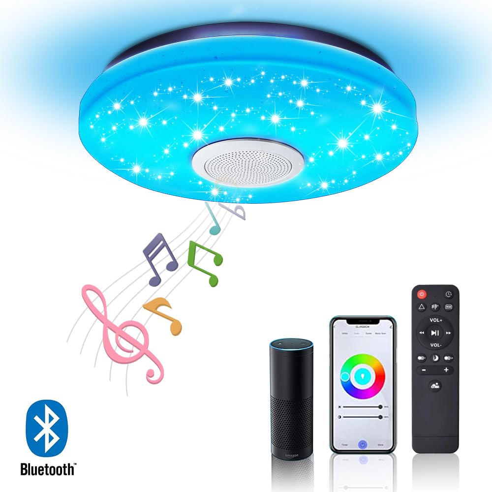 Alexa Google Home Plafoniere, 11,8 pollici Bluetooth Music LED Plafoniera con Telecomando, 30 W Dimming RGB Plafoniera a Flusso Cambiante Colore per Soggiorno, Camera da letto, Bambini