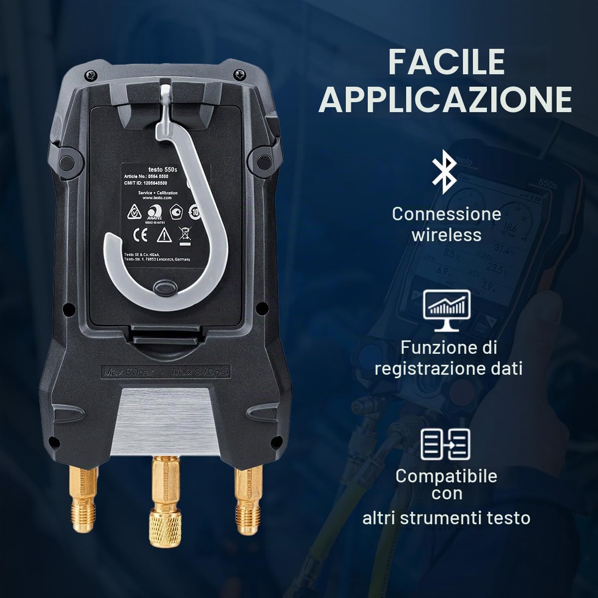 Testo Set Manometri Collettore AC 550s - Manometri collettore HVAC e refrigerazione - Incl. 2 sonde a morsetto di temperatura cablate - Kit ricarica CA con surriscaldamento, sottoraffreddamento con