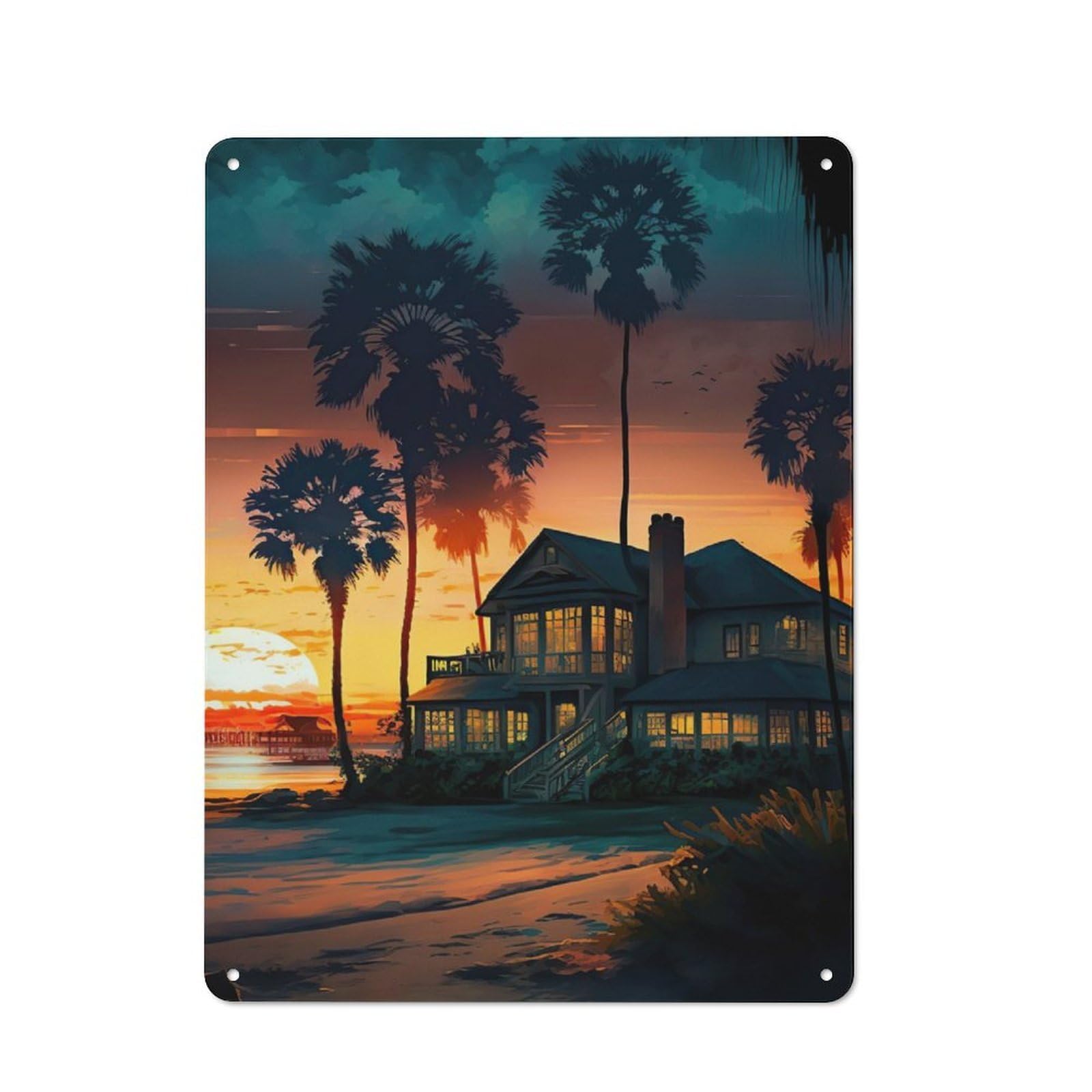 Junmoney Coastal Village Landscape Rustic Metal Sign 40X30cm For Hallway Wall, For Collectors Of Rustic Metal Wall Decor