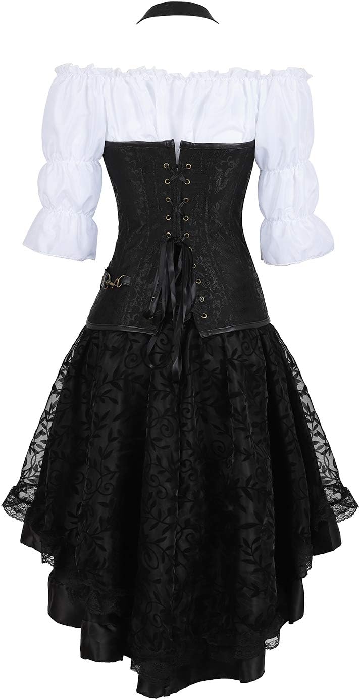 Grebrafan Steampunk Leather Corsets Bustiers Skirt Blouse Set 3 piece Boned Corset Outfits for Women