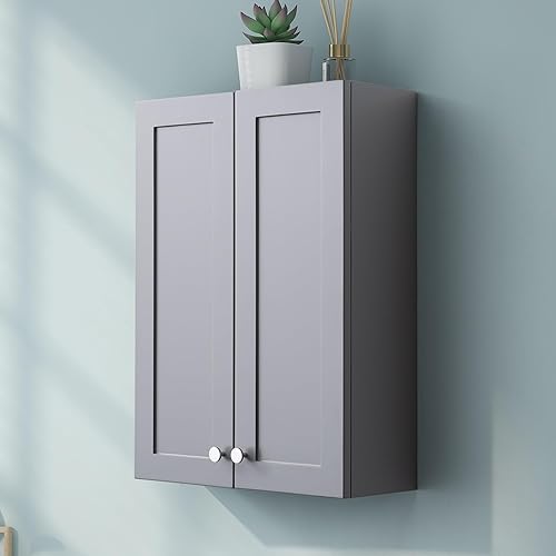 Armario de pared para baño, armario de almacenamiento sobre el inodoro, botiquín de 19 x 27 pulgadas con estantes ajustables, armario colgante gris