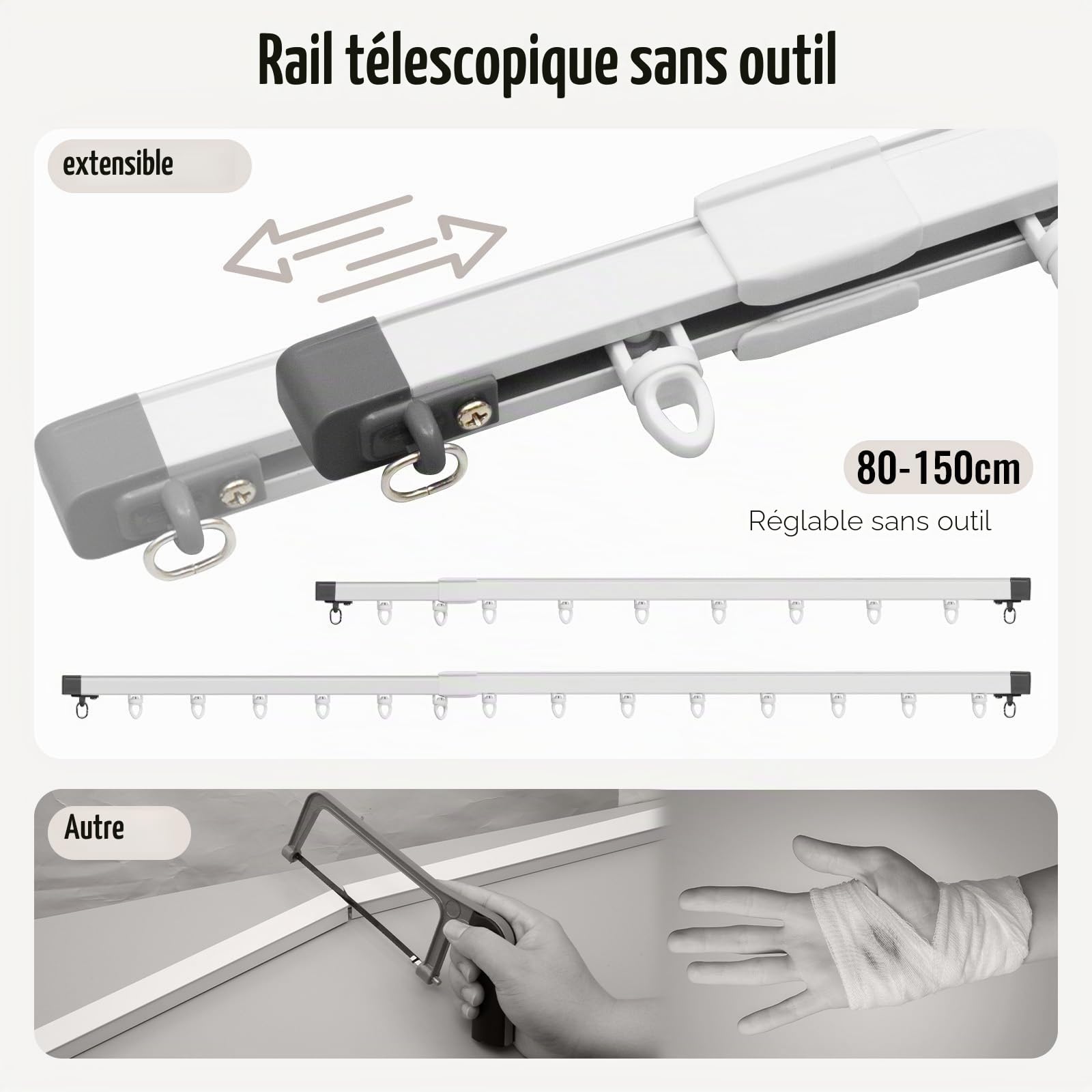 Tringle à rideau rétractable 85-150cm, tringle à plafond en aluminium, kit de tringles silencieuses, tringle à rideau de séparation pour les fenêtres et les pièces, Blanc