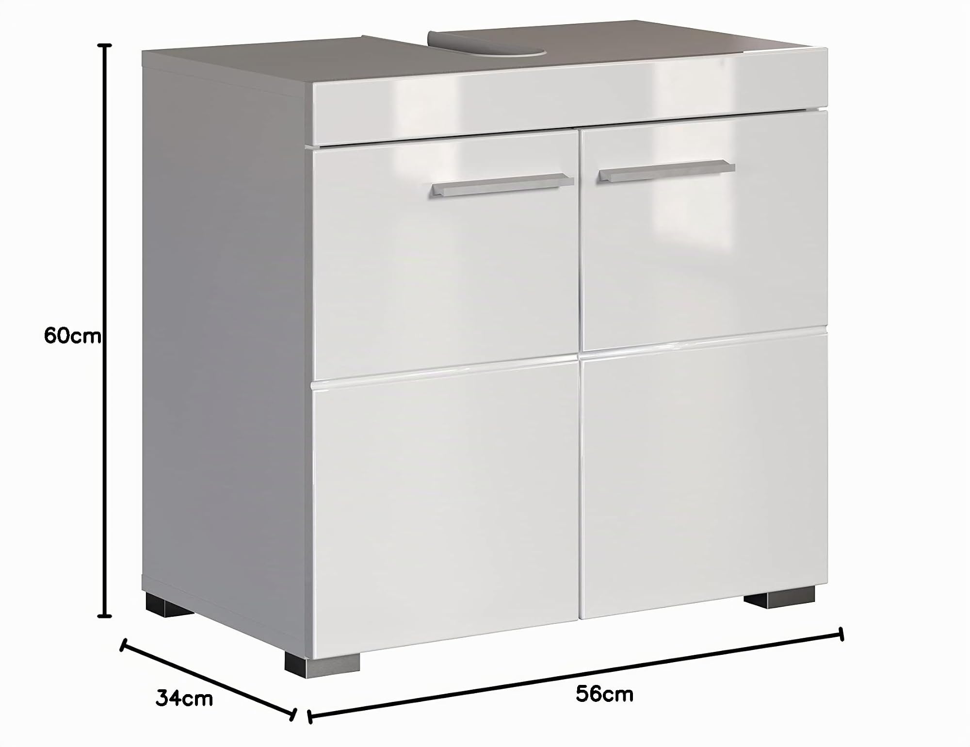 trendteam smart living Armario bajo de Lavabo para baño Amanda, 60 x 56 x 34 cm, en Blanco y Blanco de Brillo Intenso, con abundante Espacio de Almacenamiento