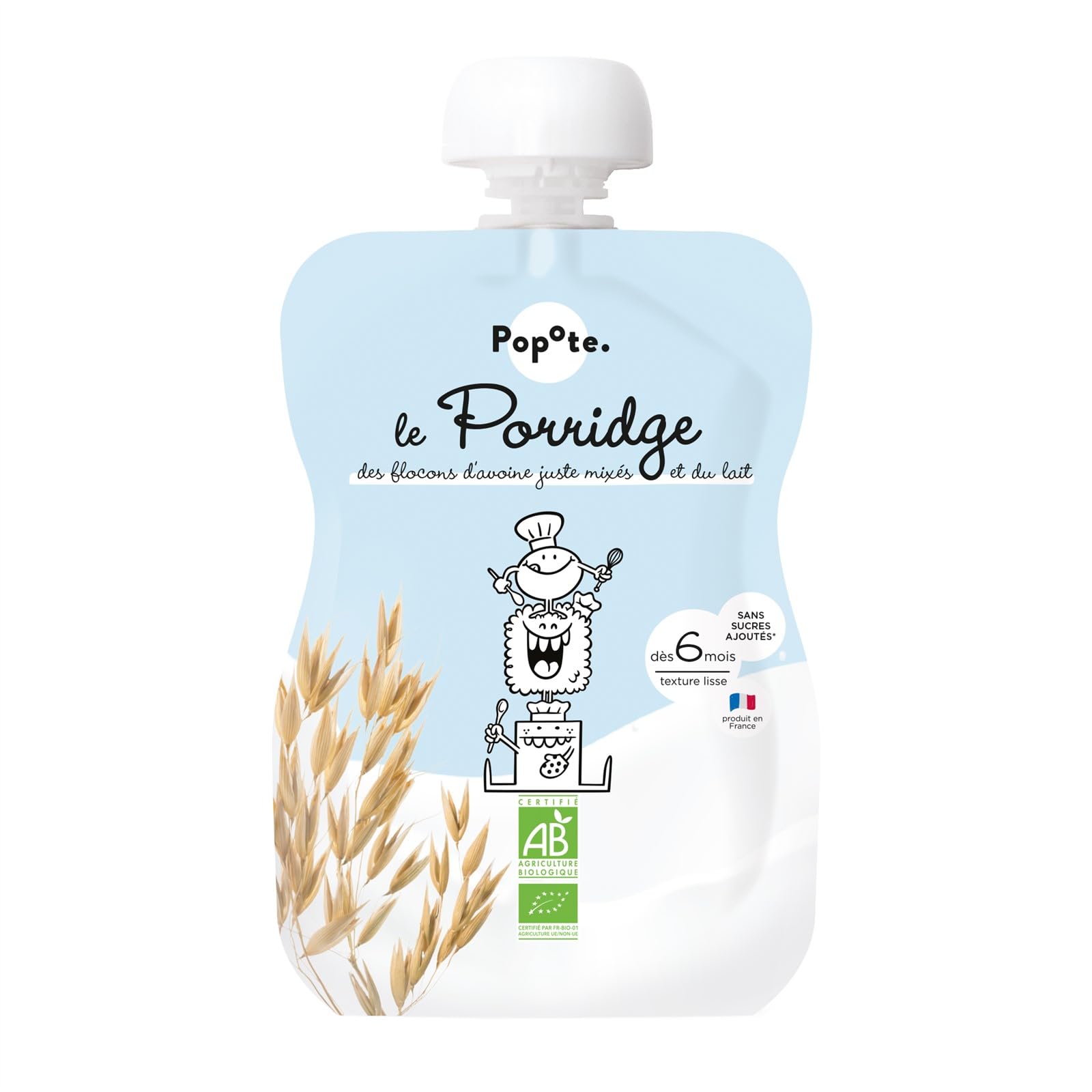 POPOTE - Porridge Bio Bébé - Dès 6 mois - Brassé Flocon Avoine, Lait Poudre - Gourde Individuelle - Texture Onctueuse - Format Pratique à Emporter - Produit en France - Pack Familial 10 x 100 g