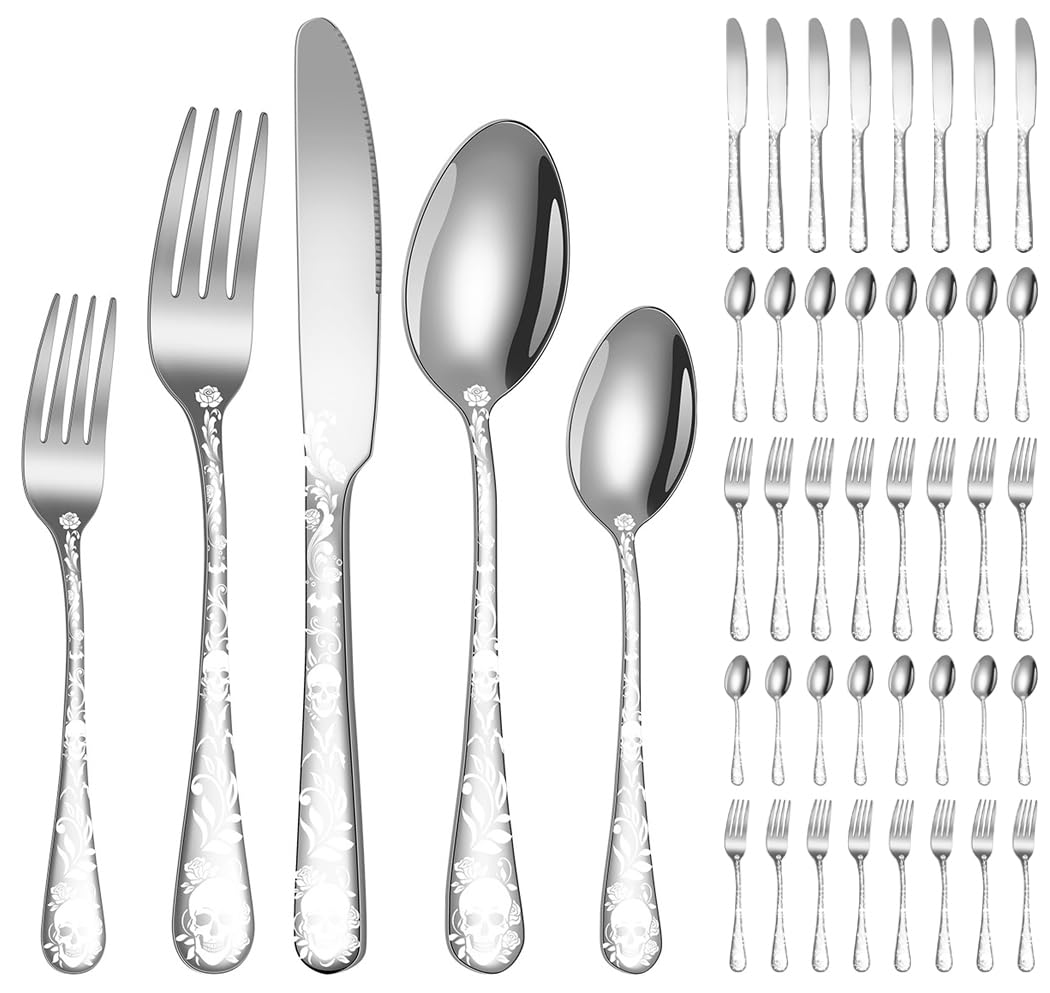 XIAOYU 40-teiliges Halloween-Skelett-Besteckset, Geschirr-Besteckset für 8 Personen, Gabeln, Messer, Löffel-Sets mit Gothic-Totenkopf-Blumenmuster, Edelstahl-Besteckset, Küchenutensilien