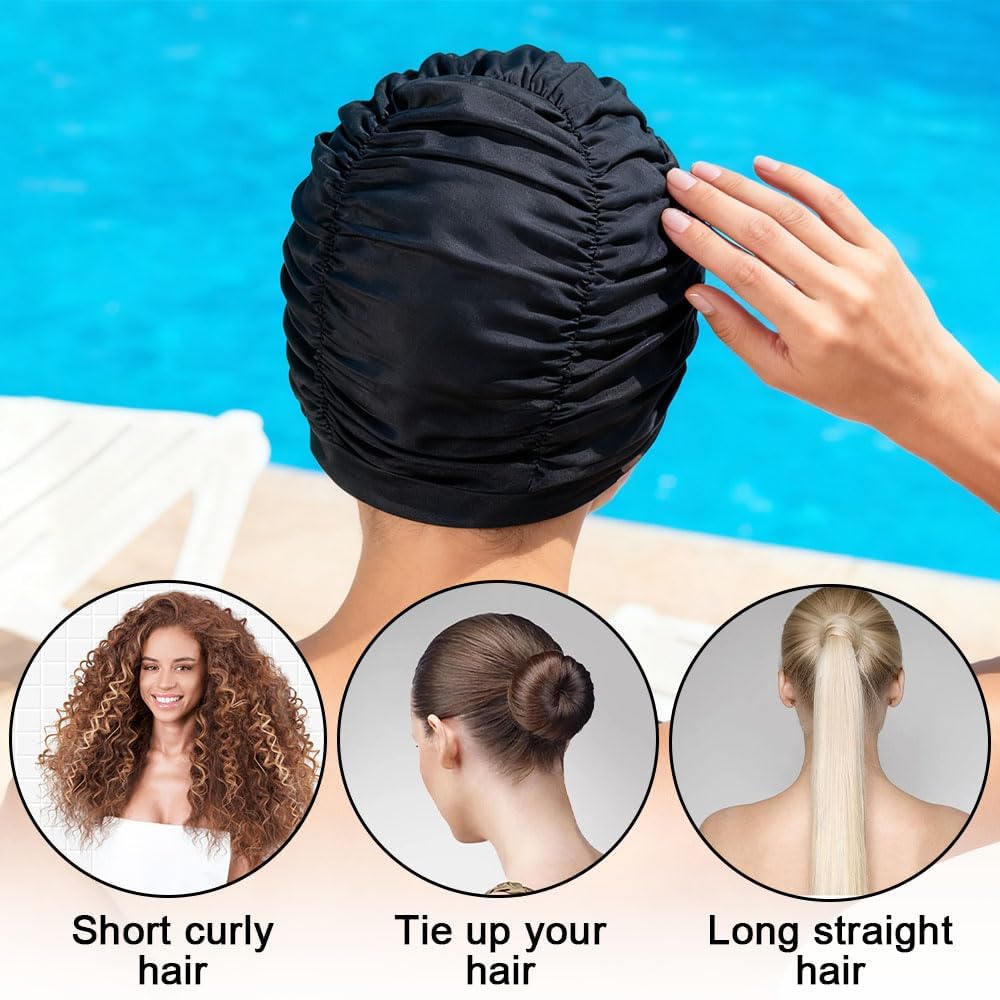 2 gorros de natación para mujer, gorro de natación elástico, transpirable, gorro de natación de pelo largo para verano, playa, vacaciones y piscina interior (negro)