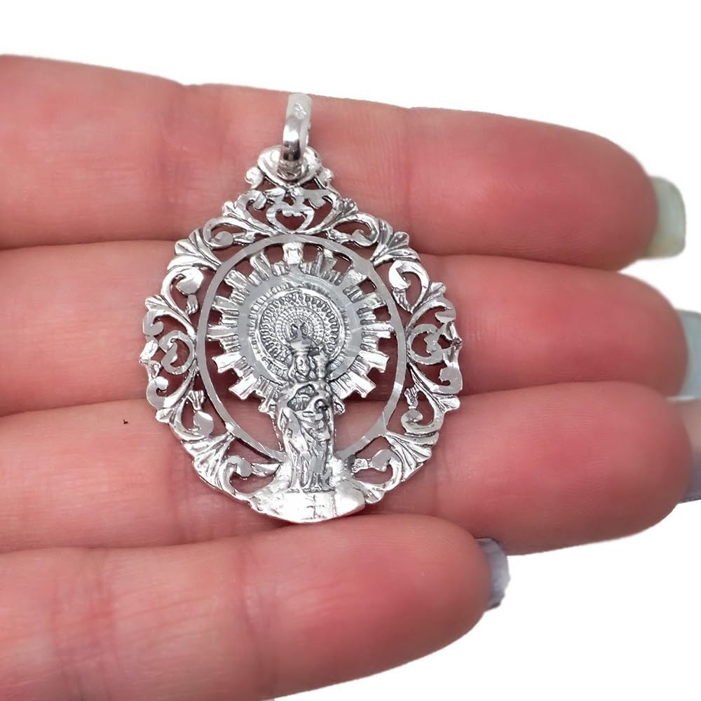 Medaille „Jungfrau von Pilar“, 925er Sterlingsilber, 38 mm. Geschnitzter Rand, Gravur im Preis inbegriffen – personalisierbar – GRAVUR IM PREIS INBEGRIFFEN
