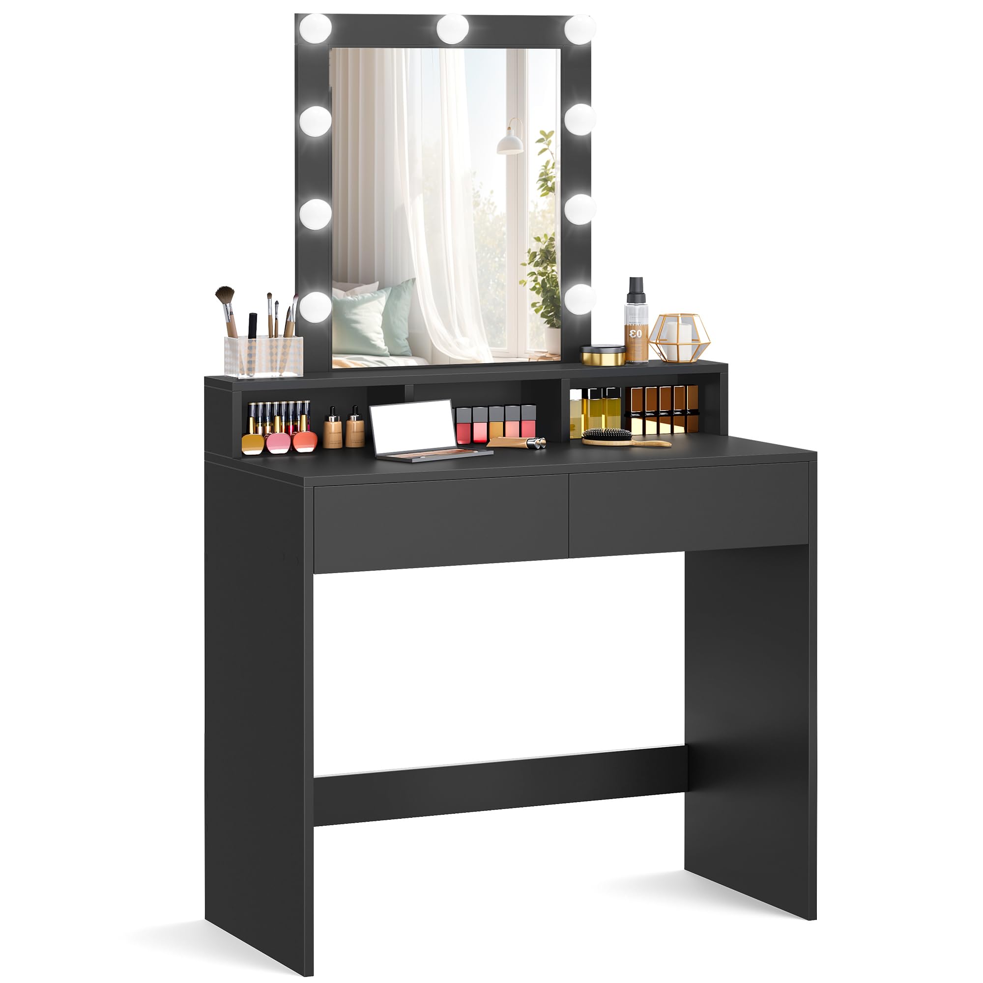 VASAGLE Modern Dressing Table, LED Lights with Adjustable Brightness, Vanity with Mirror, 2 Drawers, 3 Compartments, Simply Black