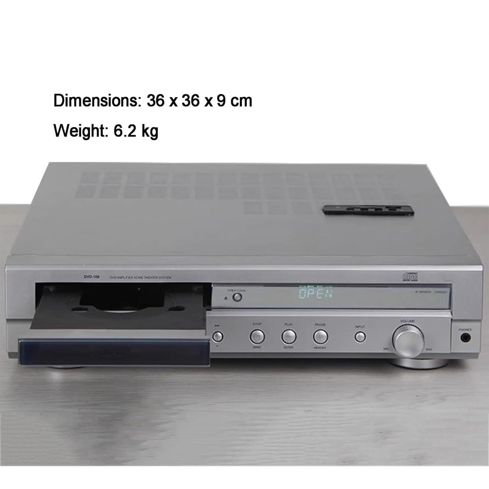 Wzmacniacz kina domowego 5.1, odtwarzacz DVD z kanałami dźwięku przestrzennego z pilotem, obsługuje USB, wyjście optyczne i koncentryczne, amplituner stereo z regulacją głośności