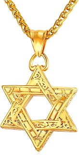 Colar U7 vintage Israel joias judaicas aço inoxidável/revestimento iônico preto/ouro rosa/colar com pingente de estrela de Davi com símbolo étnico banhado a ouro 18 quilates, comprimento 61 cm