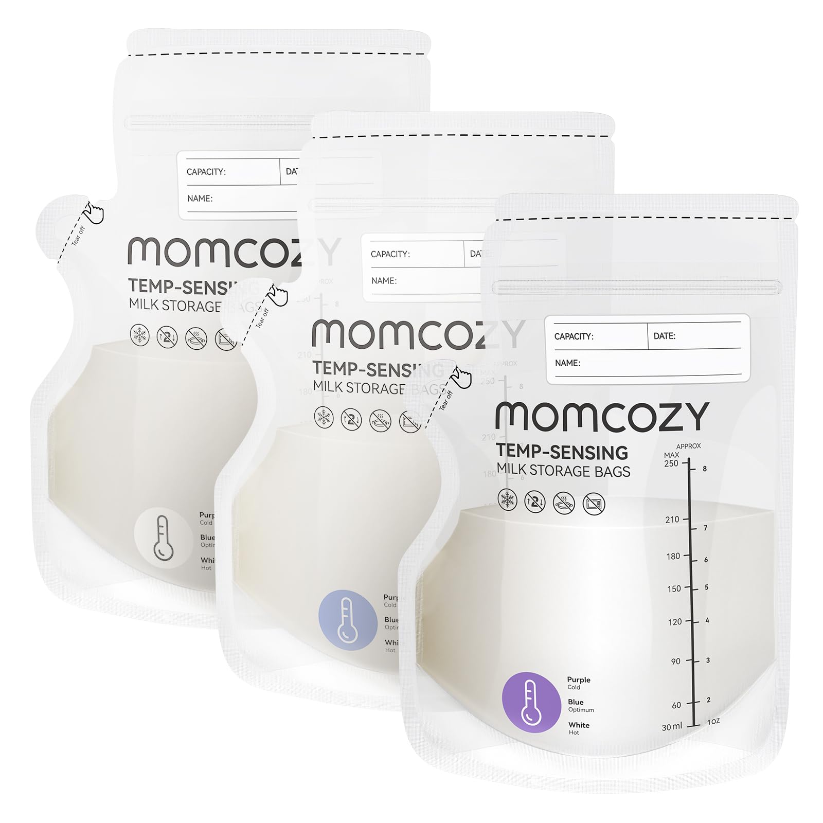 Momcozy Easy Pour Breastmilk Storage Bag, 8Oz, Temp-Sensing Color Change, 120 Count Milk Bag with Self Standing for Breastfeeding, No Leak Presterilized for Freezer, Recyclable & BPA Free