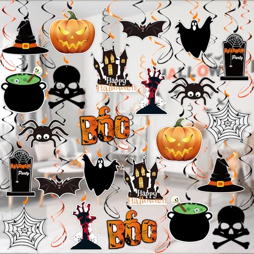 Image of PartyGarden Halloween Hanging Swirl Decorations - 36 Pcs Hanging Spooky Ceiling Decor with Ghost, Pumpkin, Skull for Home, Office, Party
