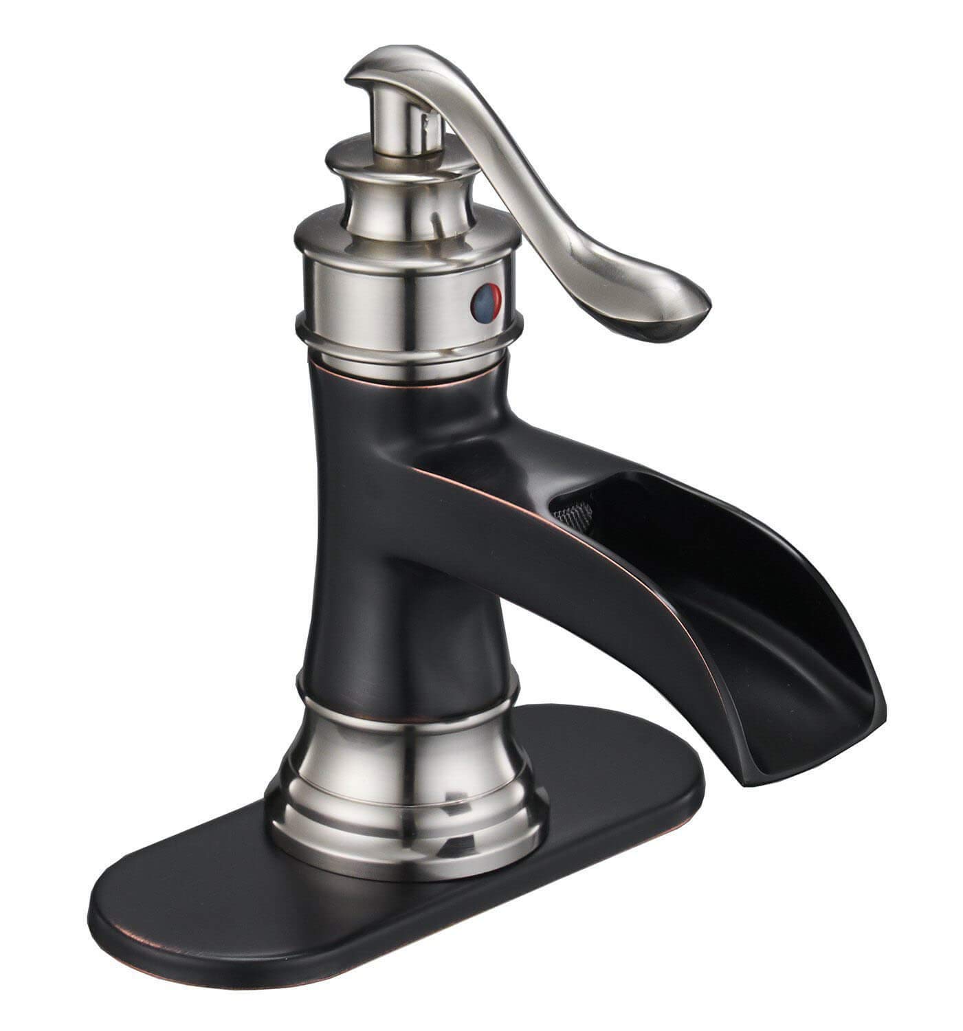 HomevaciousWaterfall Bathroom Faucet Single Handle Brushed Nickel with Oil Rubbed Bronze Single Hole Basin Vanity Faucets Lavatory Mixer Tap Deck Mount Commercial with Pop Up Drain and Supply Line