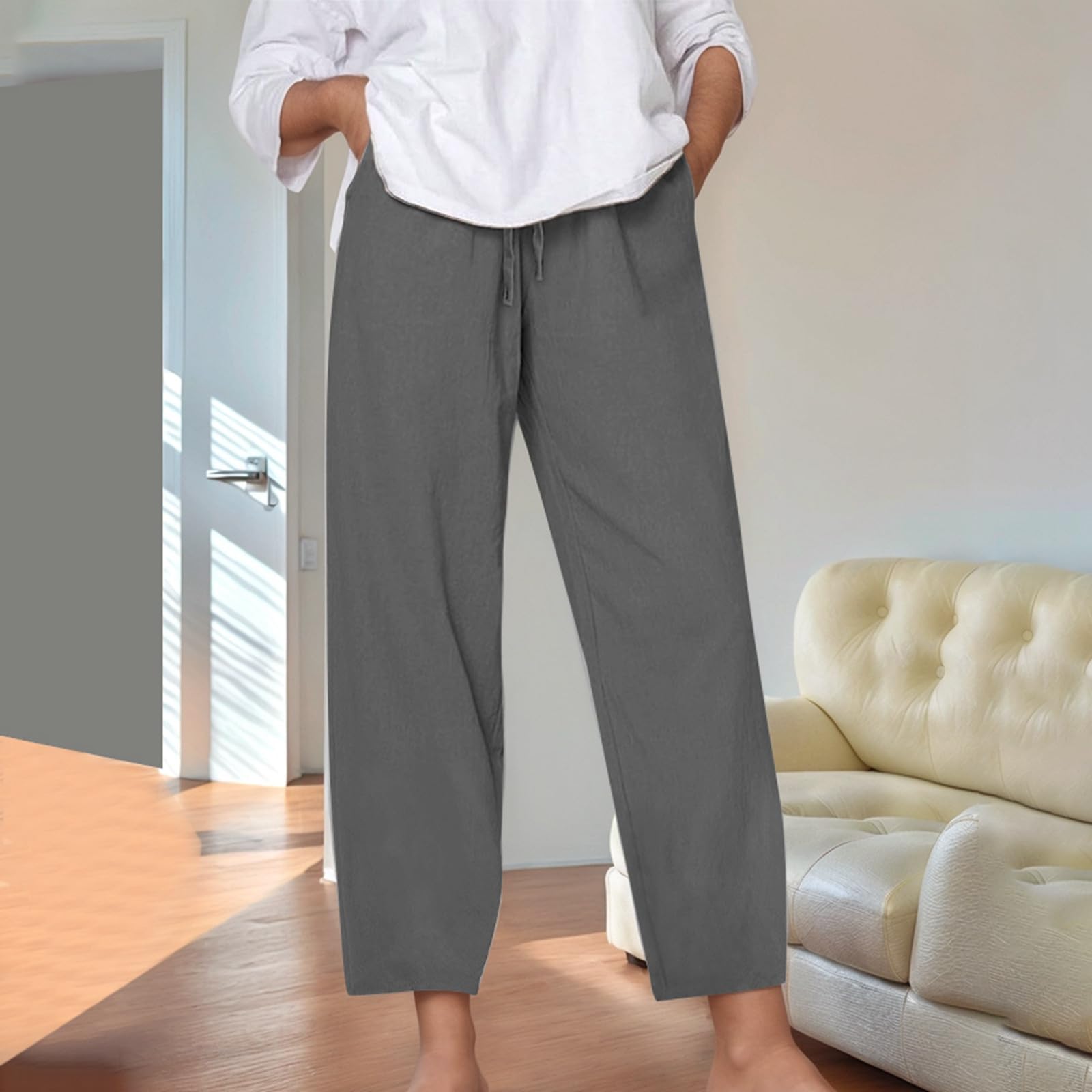Summer Pants for Women Cotton Linen Elastic High Waist Casual Pants Solid Color Baggy Trendy Comfy Pocket Lounge Pant Dark Gray XXL