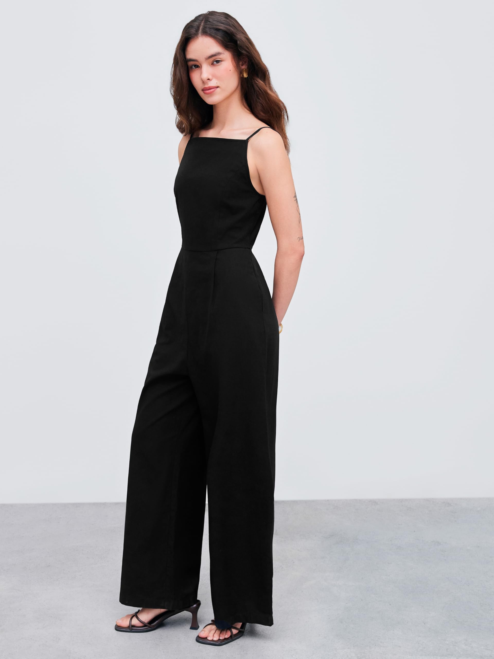 CIDER Jumpsuits for Womens Cotton-blend Square Neck Solid Shirred Jumpsuit Womens Overalls: Black Small