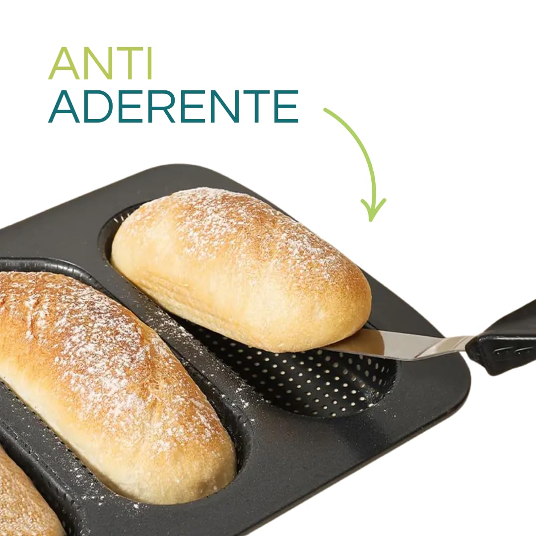 PALUPLUS Stampo per Pane, Misura 34,6x21,5 cm, Teglia da Forno in Acciaio al Carbonio Antiaderente, 4 Forme Forate da 7x17 cm per Mini Baguettes, Resistente fino a 230° -3995F